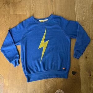 AVIATOR NATION distressed Blue Yellow Lightning Bolt Crew Neck SWEATSHIRT L y2k